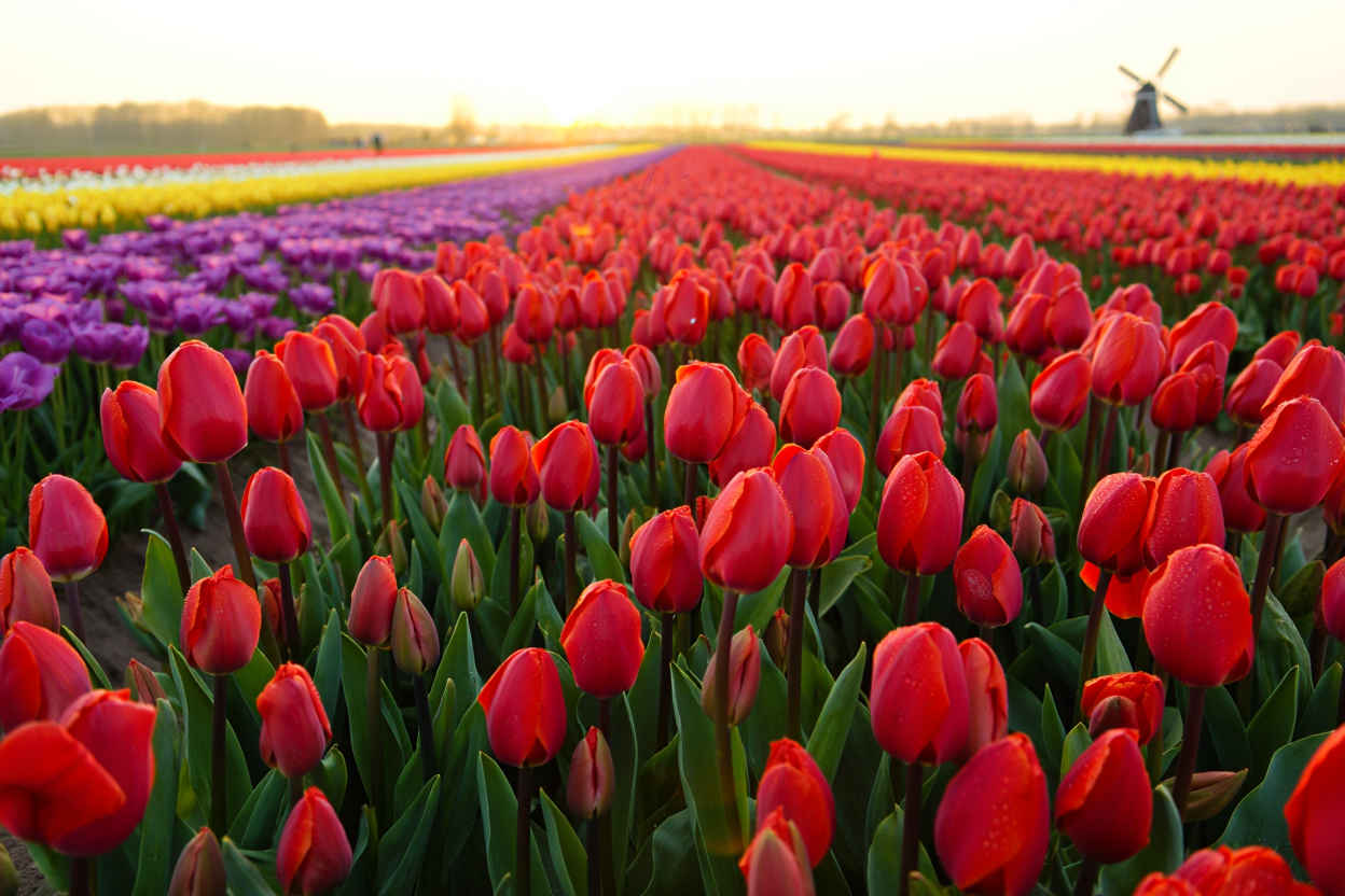 Uitgestrekte tulpenvelden bij Keukenhof in bloei, rijen van rood, geel en paars